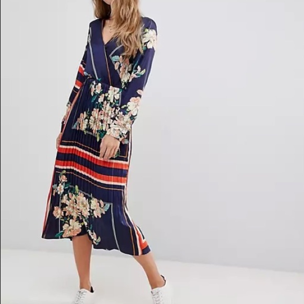 ASOS Liquorish midi dress with pleated skirt in floral and stripe print